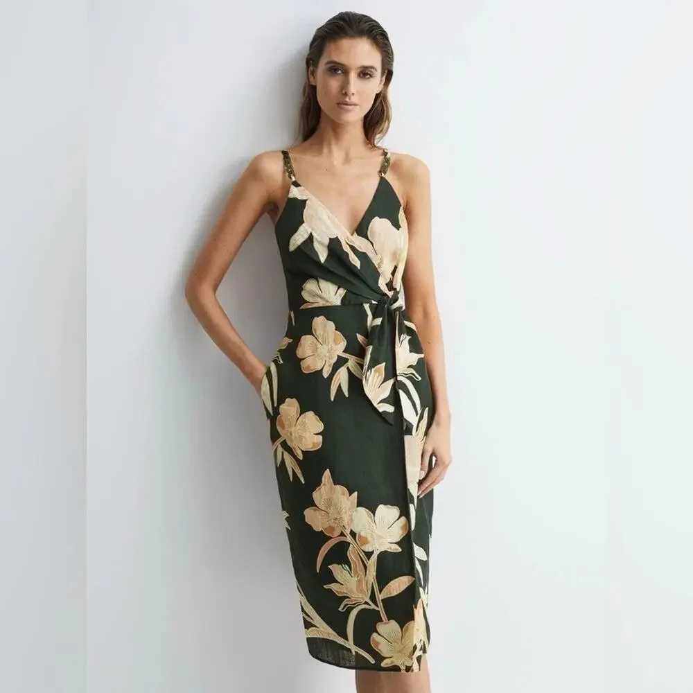Reiss Alice Fitted Green Floral Linen Chain Strap Midi Dress Size 4 Wrap New - Picture 2 of 16